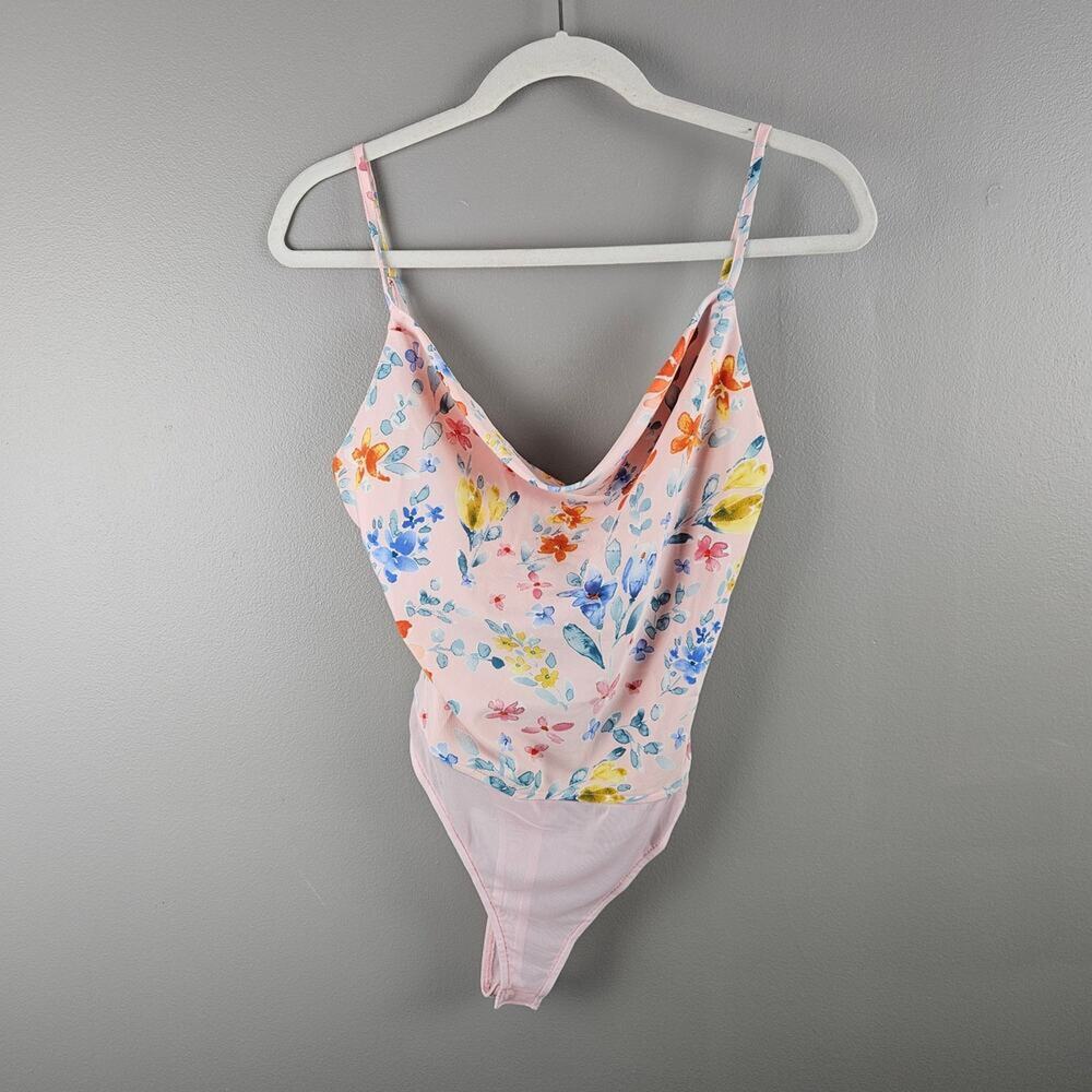 Lulus Botanical Bombshell Pink Floral Print Cowl Neck Bodysuit Size Medium
